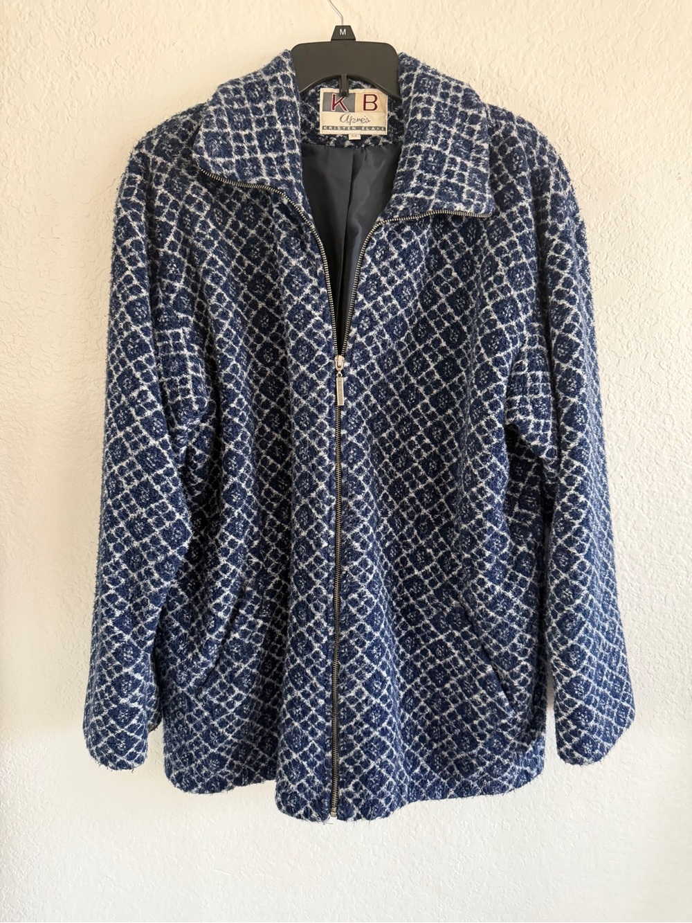 Kristen Blake KB Apres Navy & White Patterned Zip-Front Pea Coat w/ Drawstring